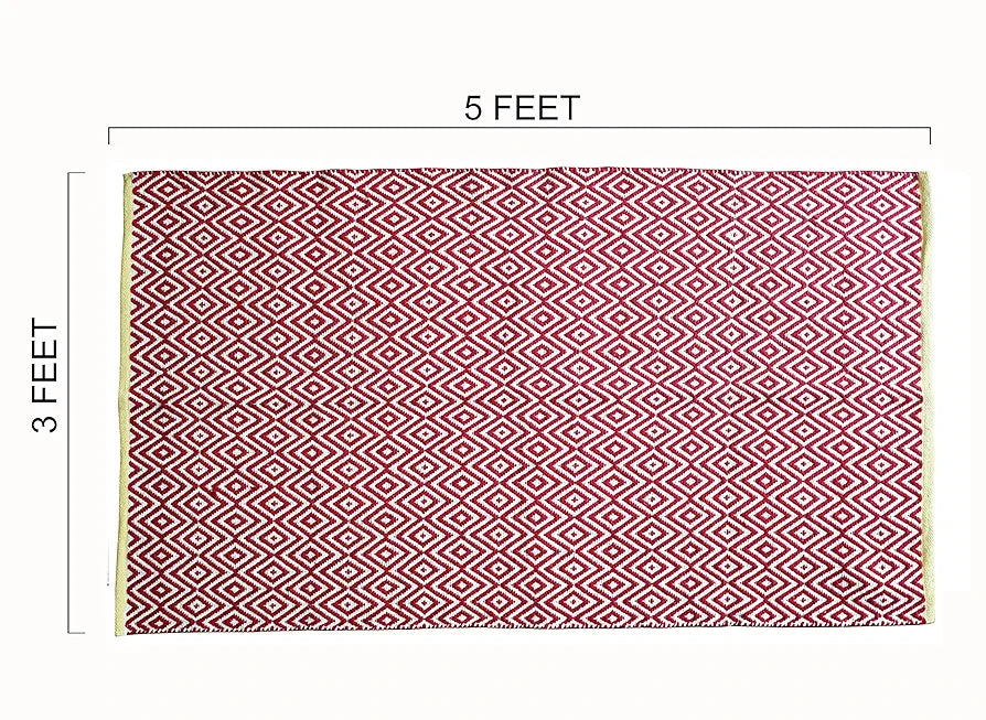 THE HOME TALK Handmade Cotton Carpet | Diamond Reversible Mats | Area Rugs for Bedroom, Center Table, Living Room, Drawing Room, Hall | Machine Washable | 3 x 5 Feet | Red